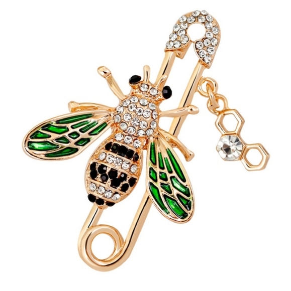 Gold Honey Bee Safety Pin Rhinestone Brooch - Picture 2 of 6